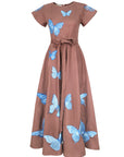 Fanm Mon Pulse Dress featuring intricate blue butterfly embroidery, short flutter sleeves, a self-tie waist and A-line midi silhouette.