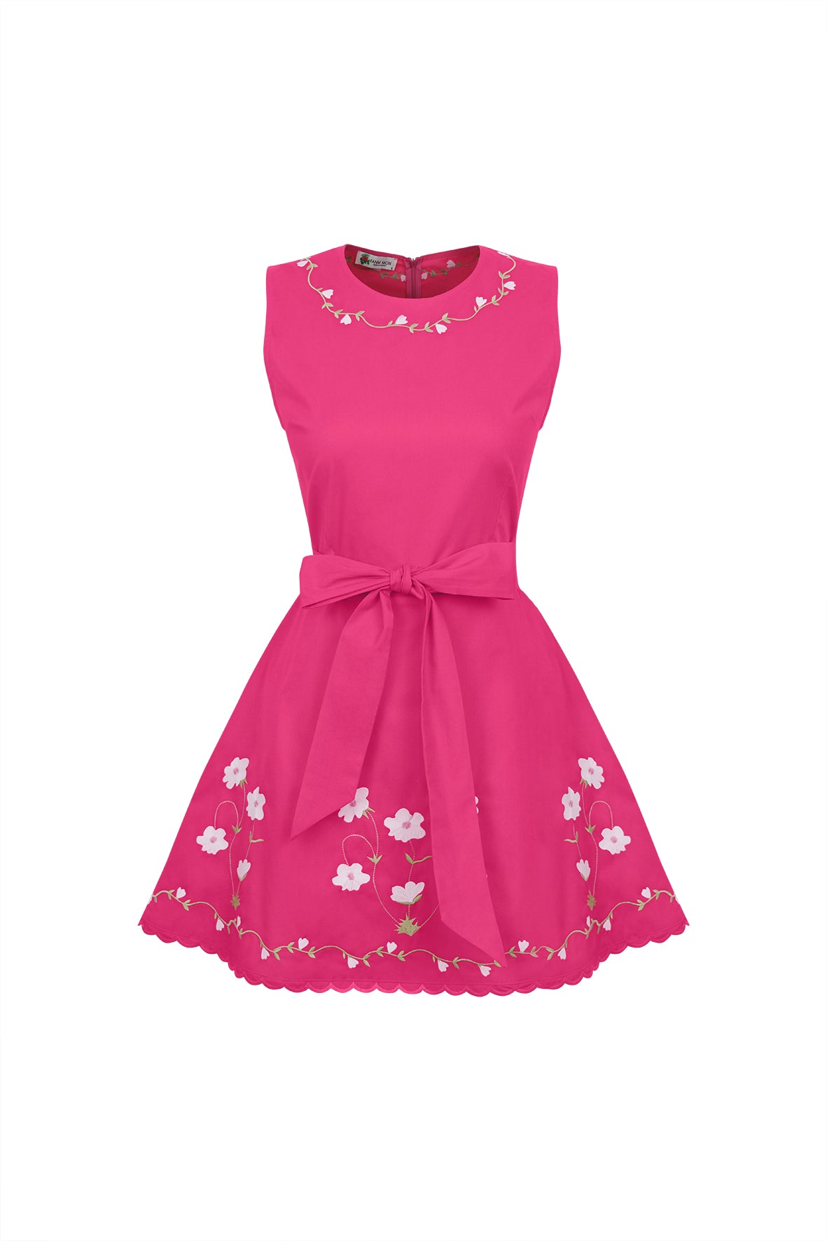 Fanm Mon short Scalloped Pink dress with floral embroidery on a white background