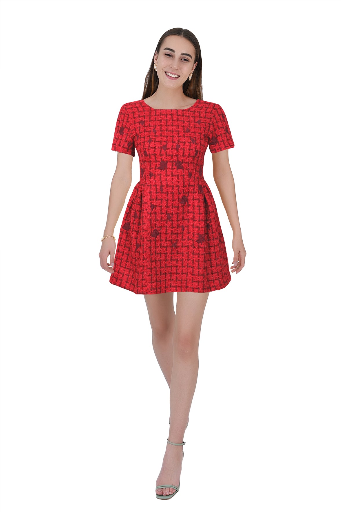 SAMANTHA MINI BOUCLE CHERRY DRESS WITH FLORAL EMBROIDERY DETAIL 