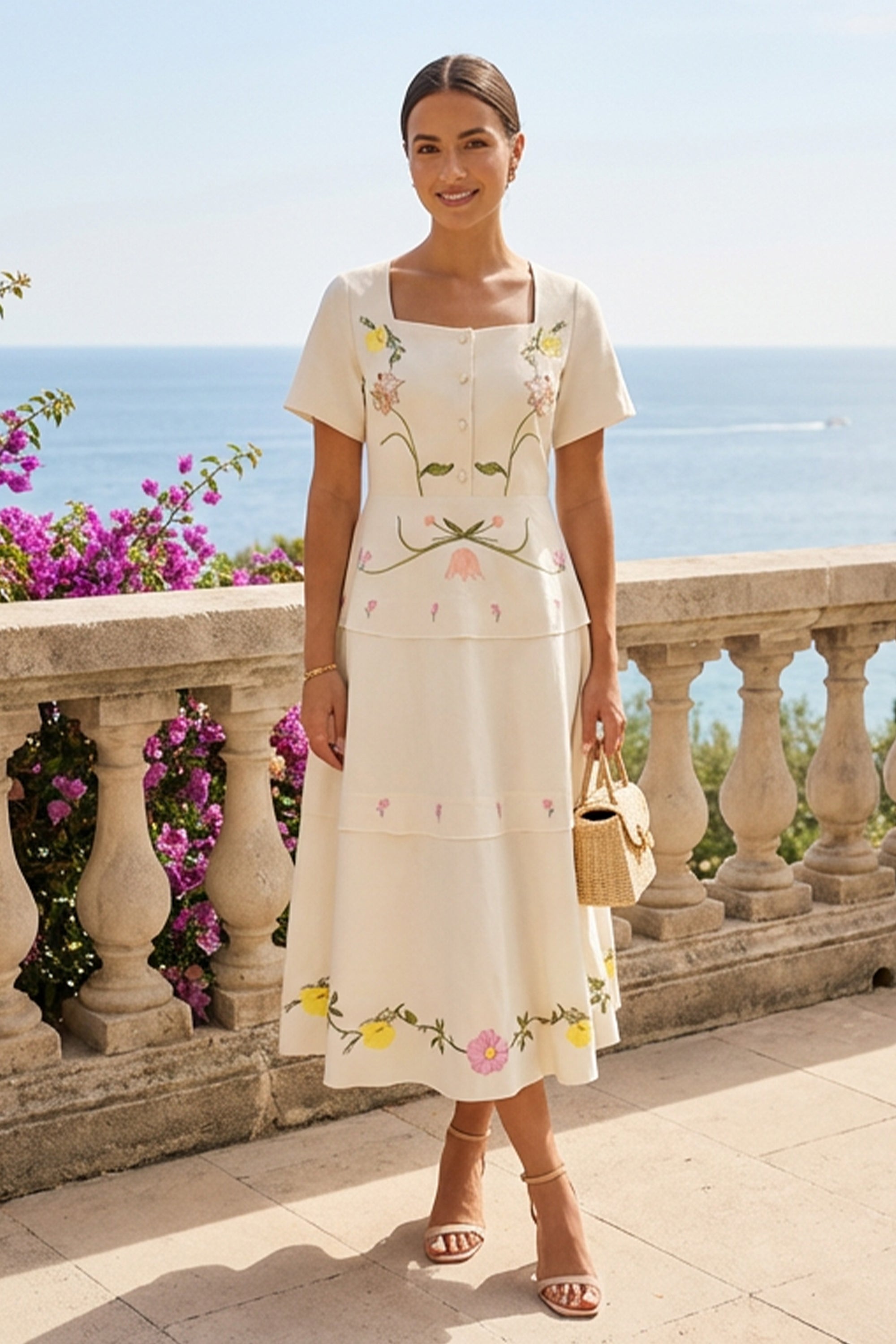 Model wearing the Fanm Mon Selma Dress featuring a square neckline, short sleeves, decorative covered buttons, embroidered floral motifs, peplum waist, and tiered midi skirt overlooking the coast.