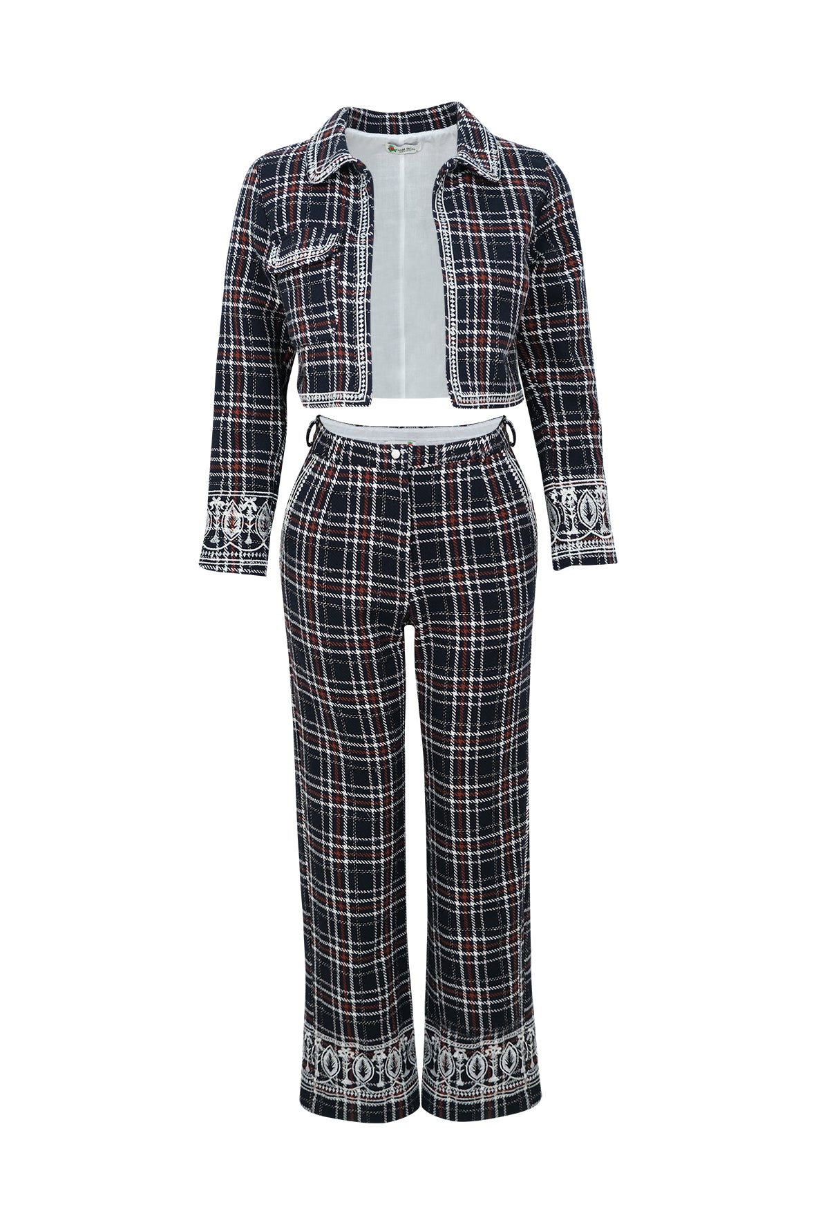 Soho Set Featuring Bolero Jacket and Straight Leg Pants in Navy Tartan