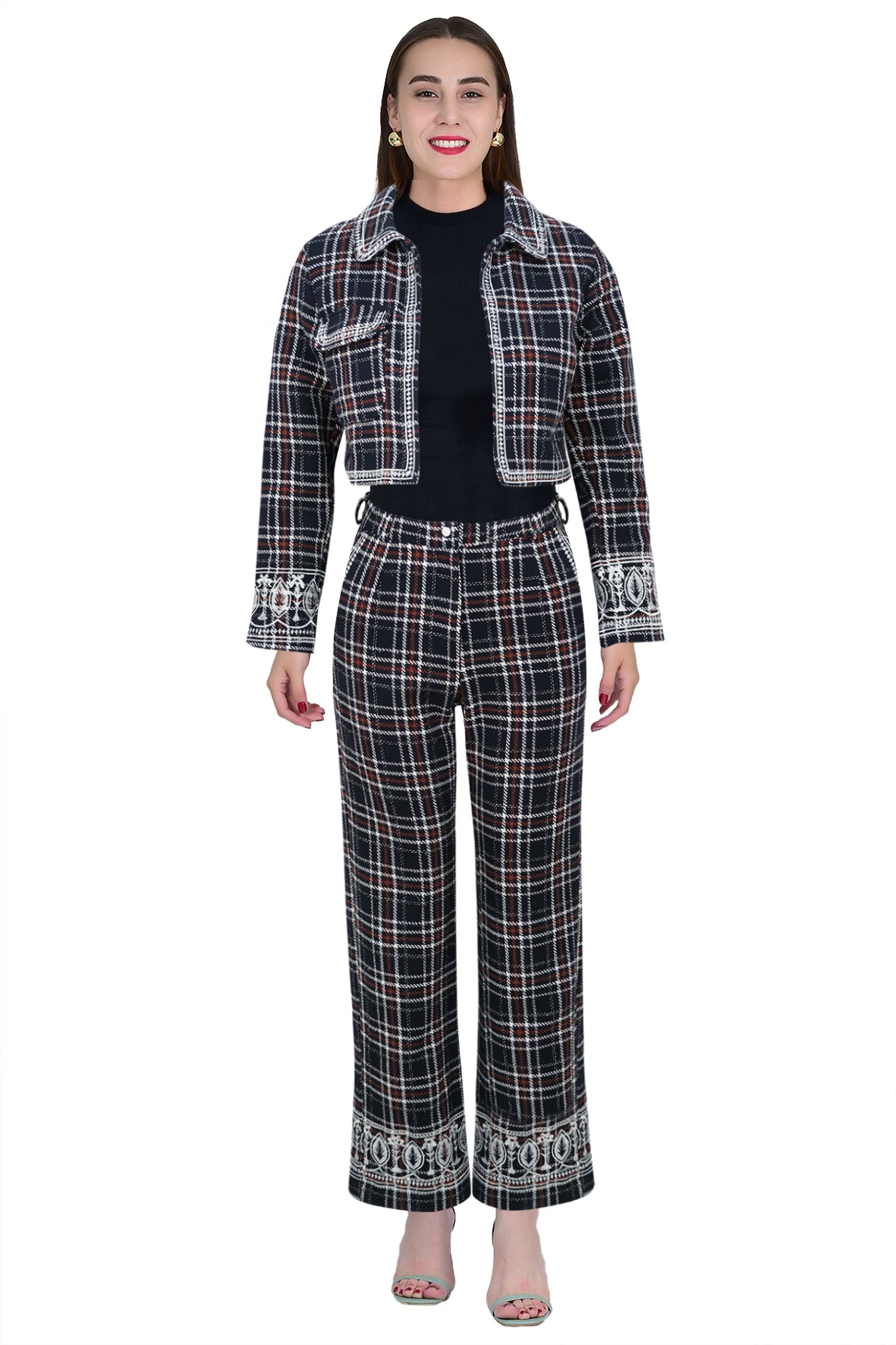 Soho Bolero Jacket and Straight Leg Pant Set, in Navy Tartan. Design in collaboration with Fanm Mon and Janie Pierrepont.  