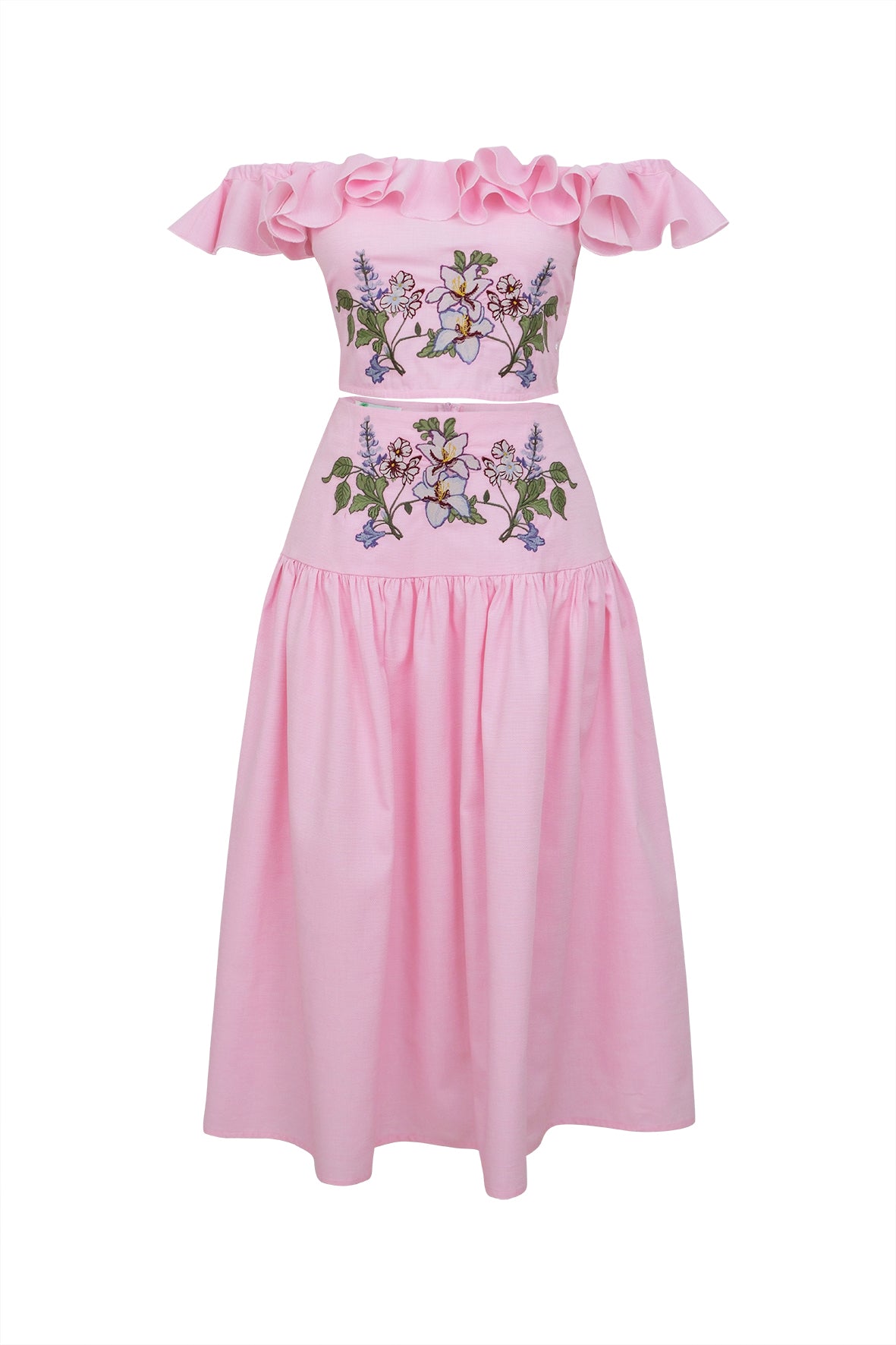2 Piece Skirt and Ruffle Crop top with floral embroidery on white background. Fanm Mon Ulyviye Set.  