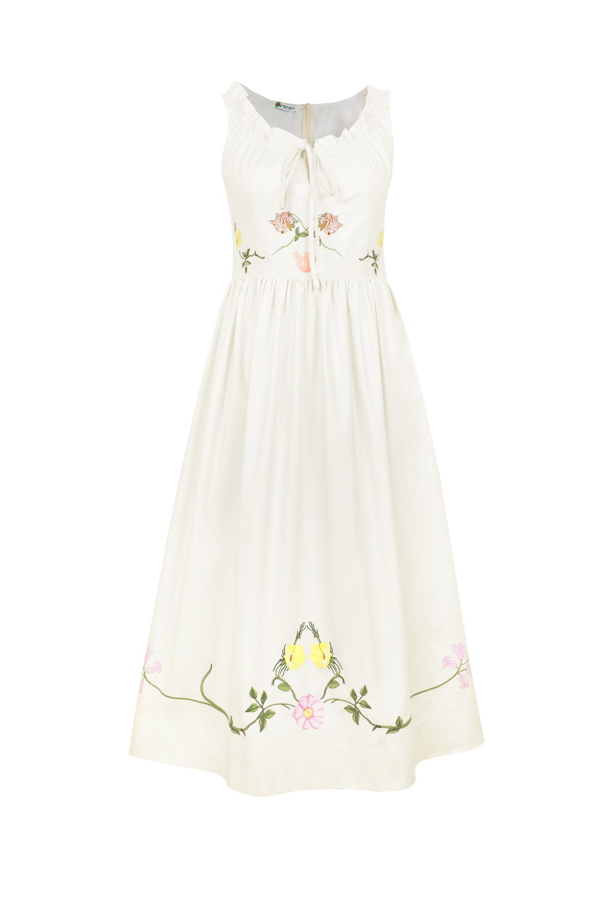 Fanm Mon Veda Dress featuring hand-embroidered tulips, cosmos, buttercups, and climbing floral vines on a gathered-neck midi silhouette.