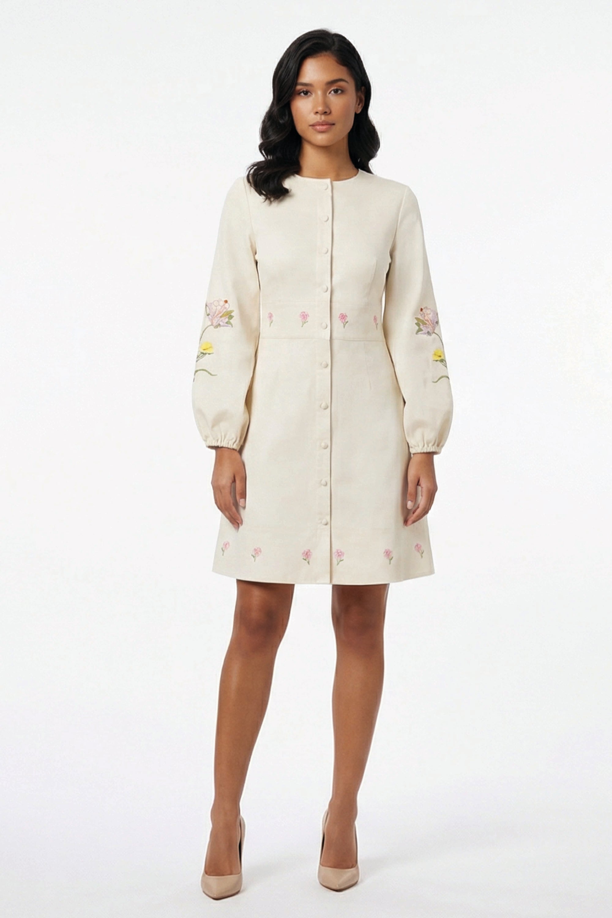 Fanm Mon Verona Dress featuring hand-placed floral embroidery, covered button-front detailing, and a tailored A-line mini silhouette.