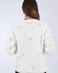 Fanm Mon Winter Bloom Yellow Rose Cotton Hand knit Cardigan with all love floral embroidery detail, back view.