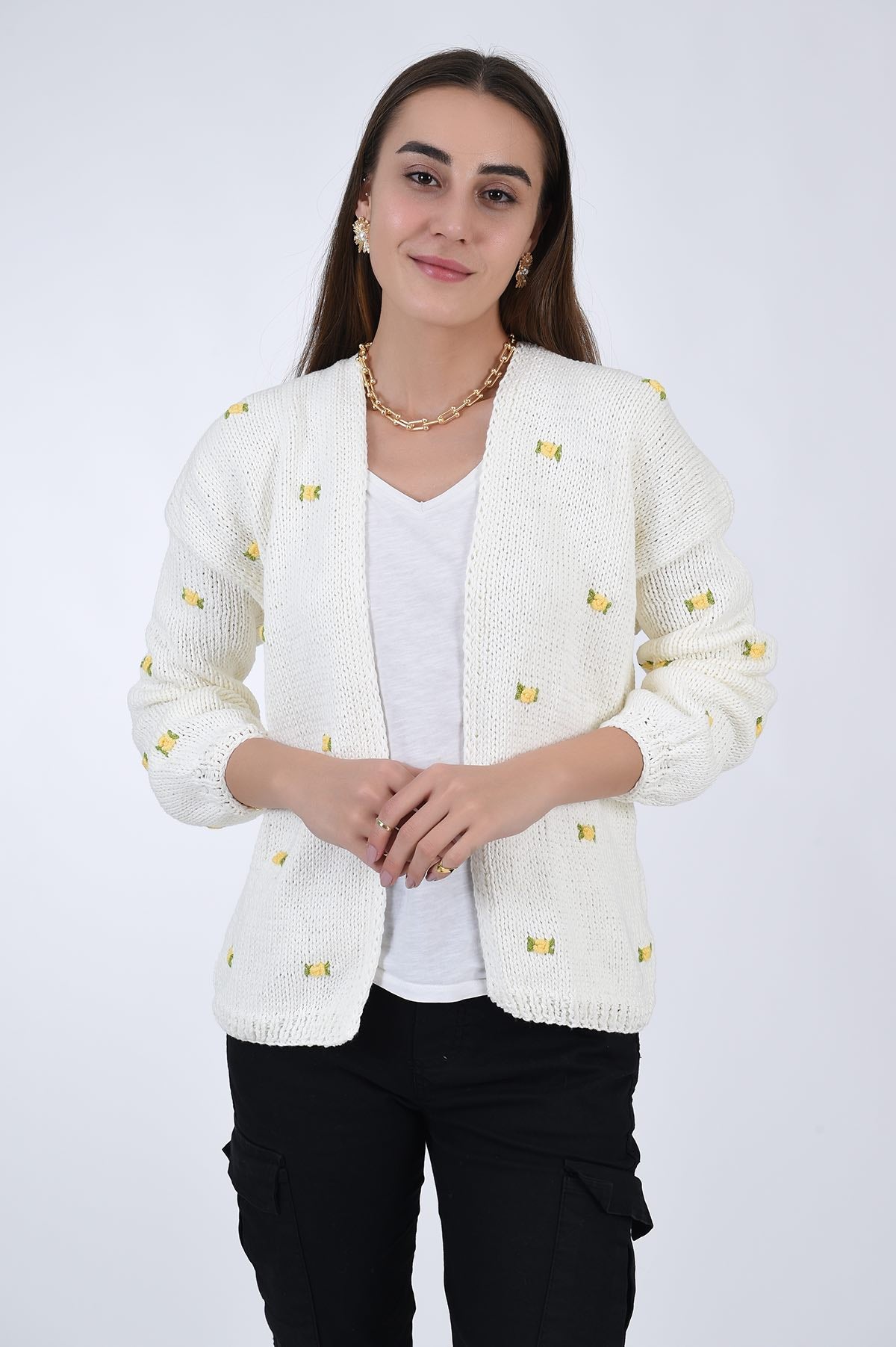 Fanm Mon WINTER BLOOM Yellow Rose Hand knit Cardigan with all love floral embroidery detail, front view.