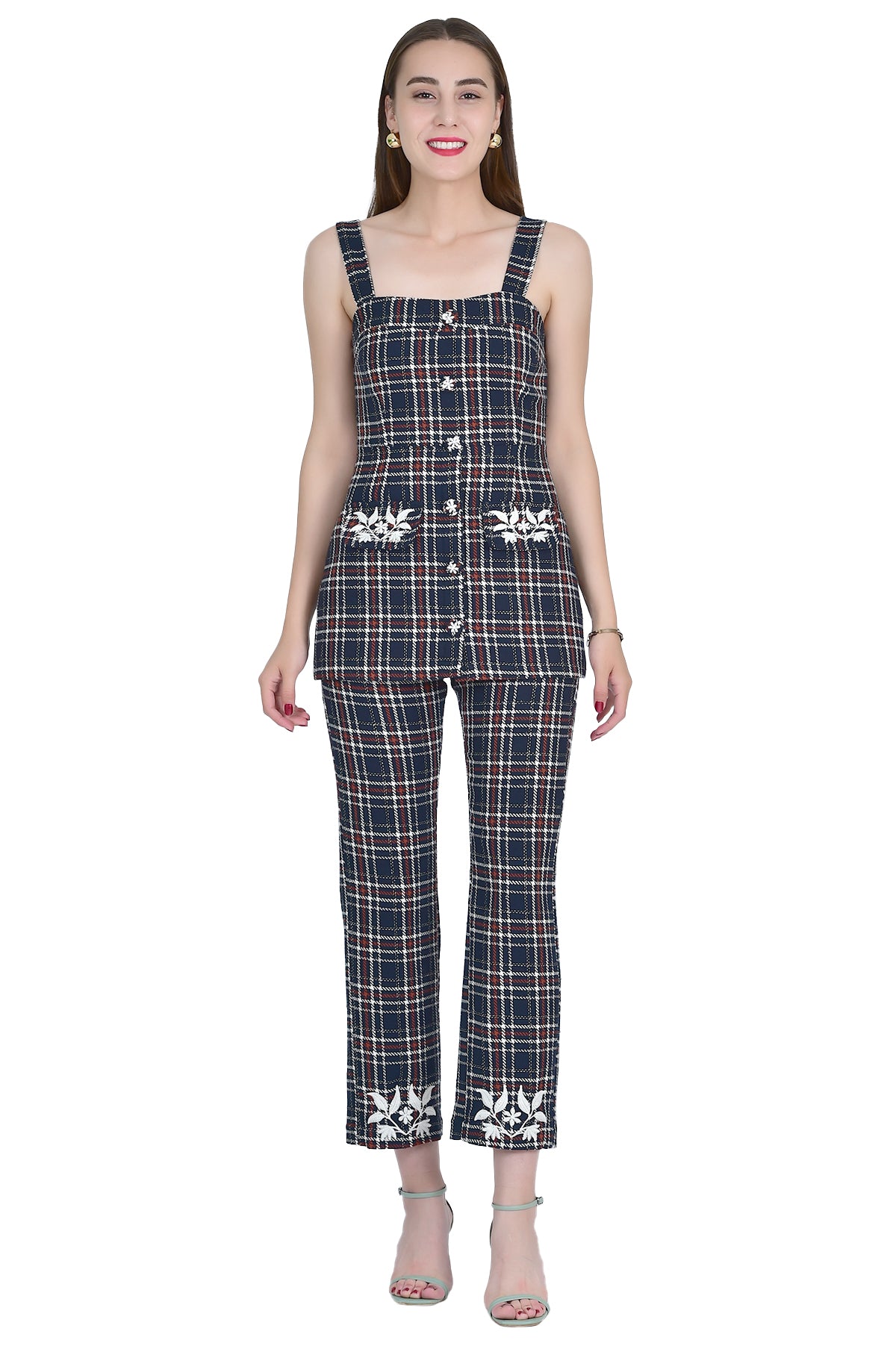 ZELIHA 2 PIECE PANT SET WITH BUTTON FRONT AND CROPPED TARTAN PLAID PANTS