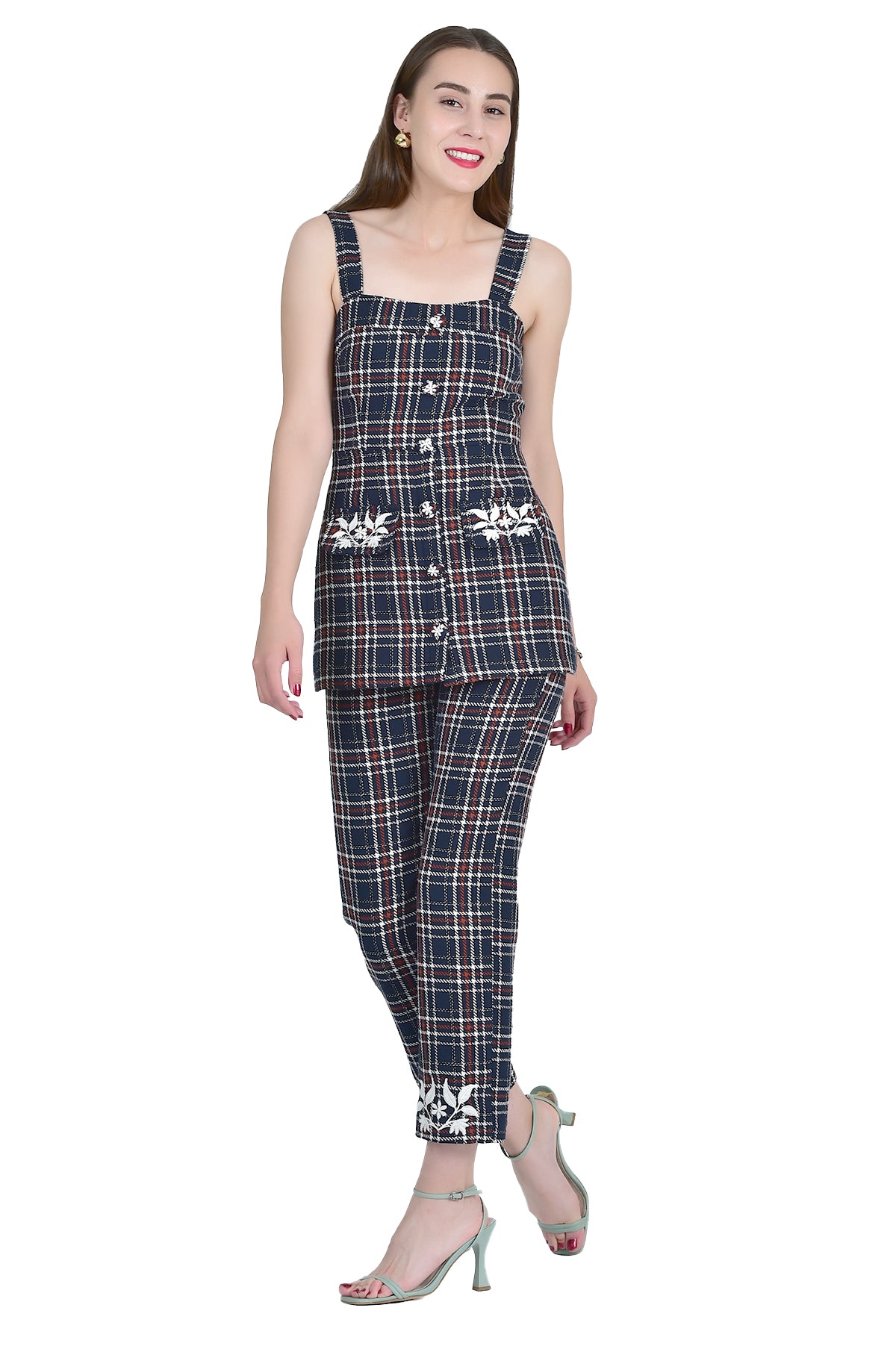 ZELIHA 2-PIECE PANT SET WITH BUTTON FRONT AND TARTAN PANTS