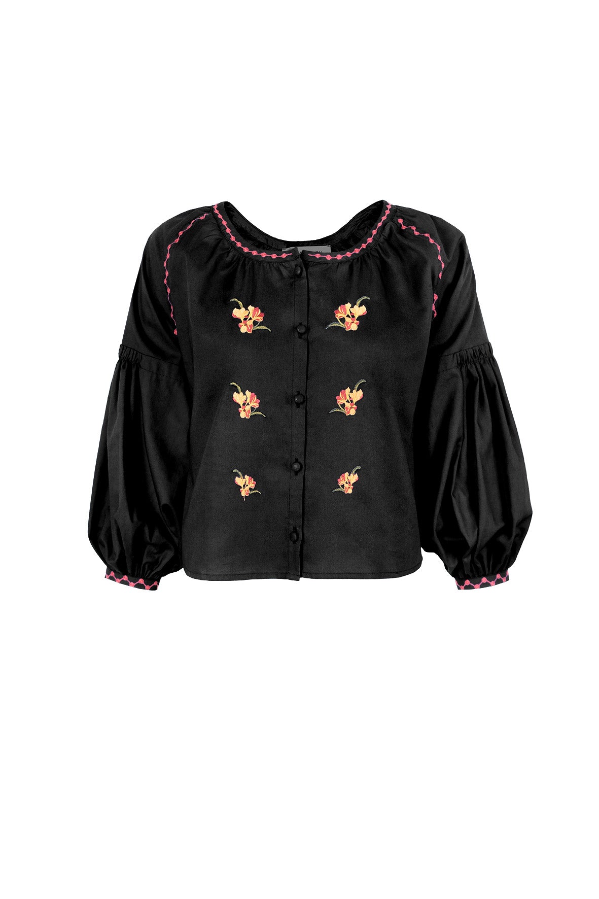 Fanm Mon Akik Top in black with floral embroidery, covered buttons and voluminous sleeves