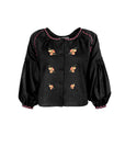 Fanm Mon Akik Top in black with floral embroidery, covered buttons and voluminous sleeves