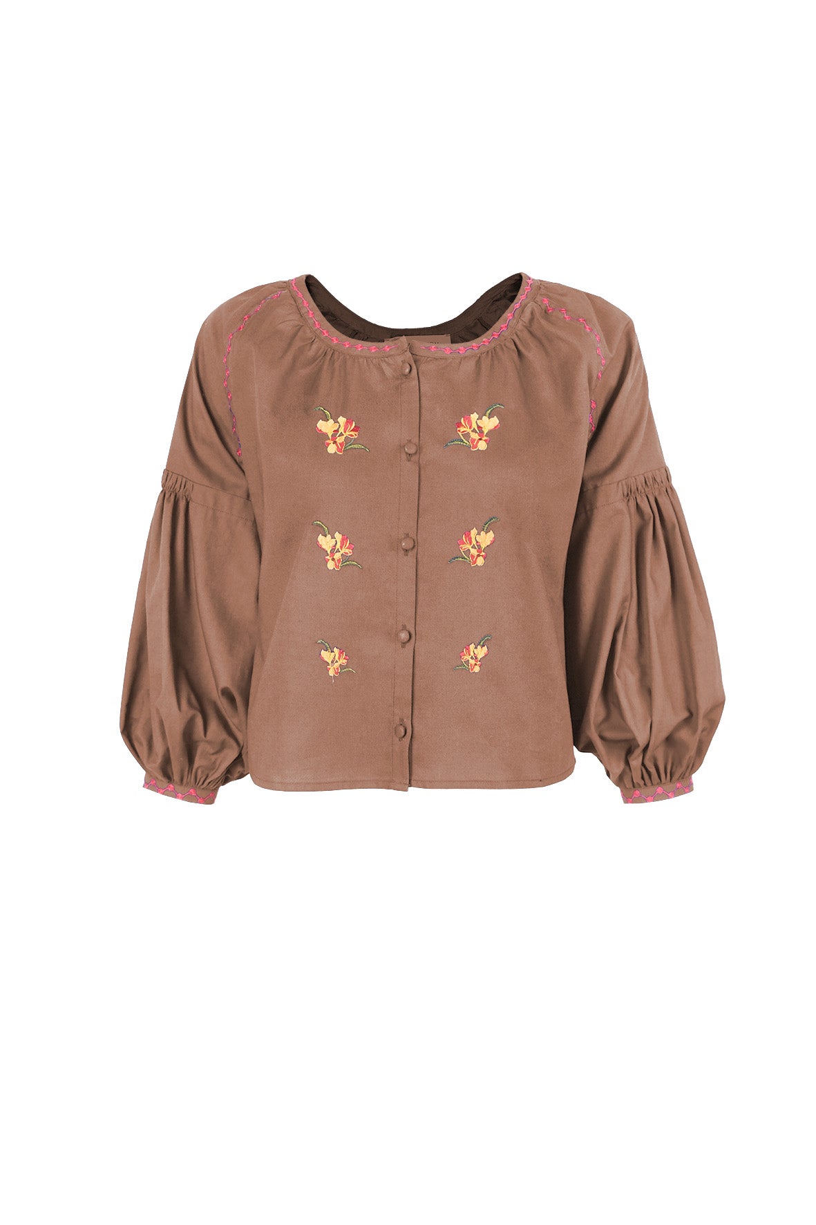 Fanm Mon Akik Top in espresso with floral embroidery, covered buttons and voluminous sleeves