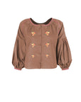 Fanm Mon Akik Top in espresso with floral embroidery, covered buttons and voluminous sleeves