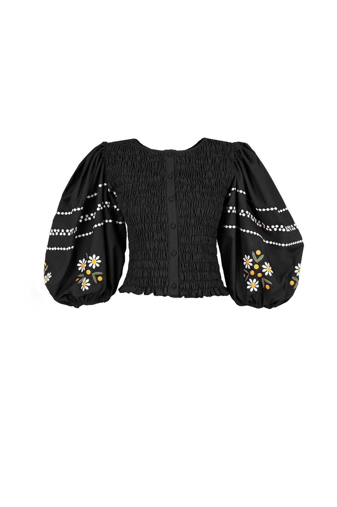 Fanm Mon Astrid floral embroidered smocked top in black with balloon sleeves