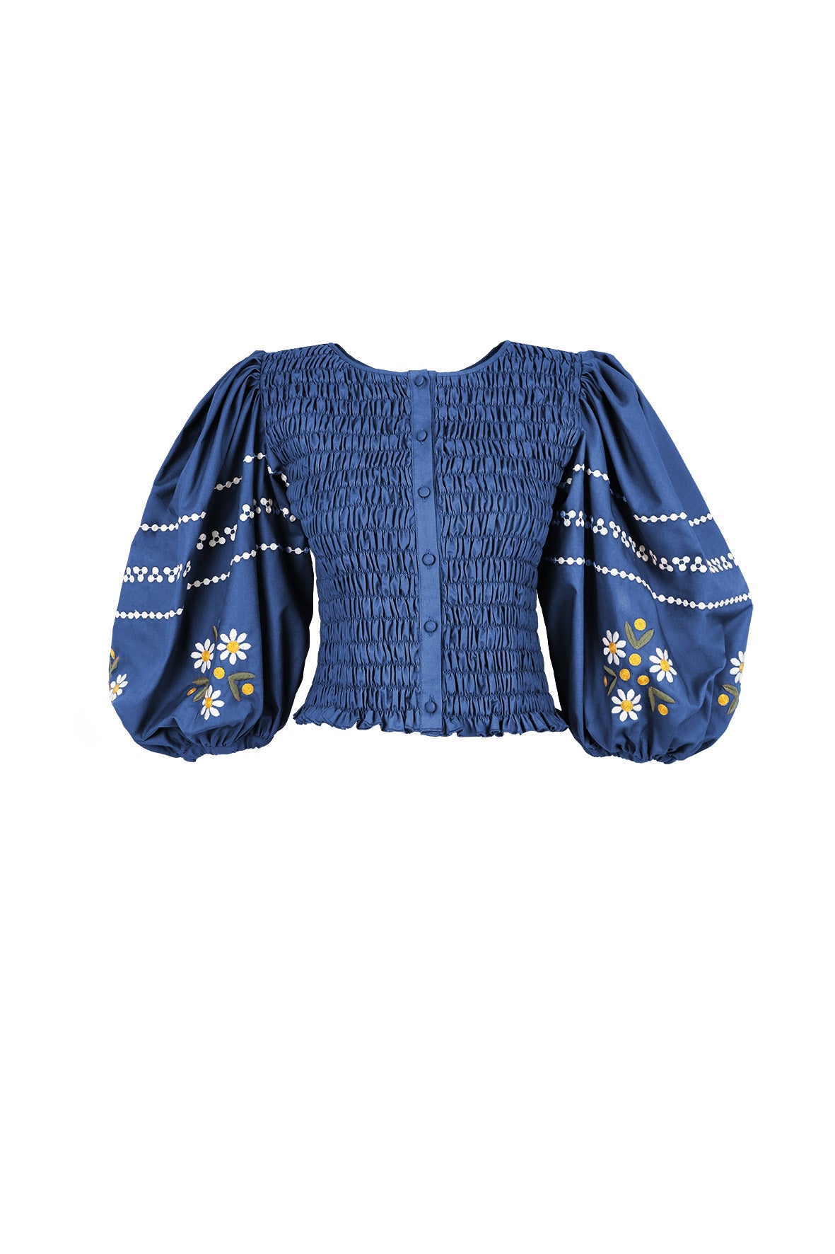 Fanm Mon Astrid floral embroidered smocked top in deep blue with balloon sleeves