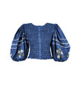 Fanm Mon Astrid floral embroidered smocked top in deep blue with balloon sleeves