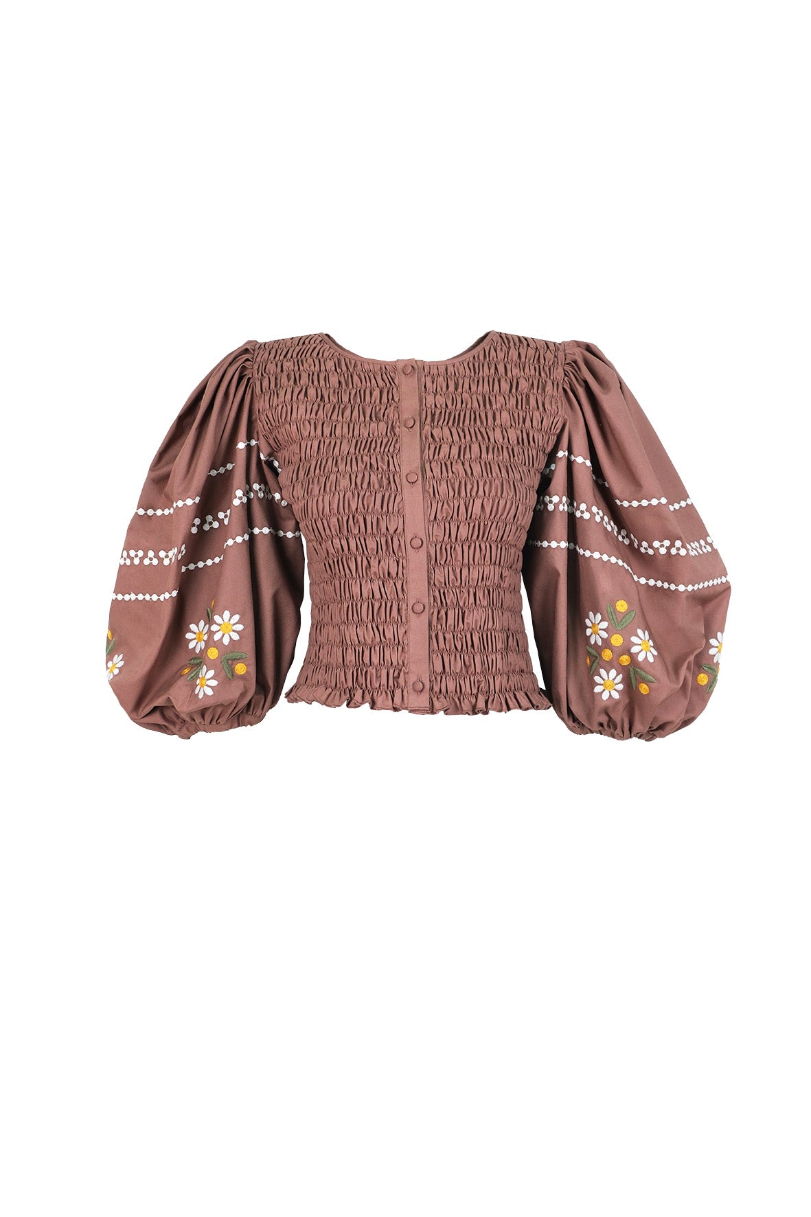 Fanm Mon Astrid floral embroidered smocked top in espresso with balloon sleeves