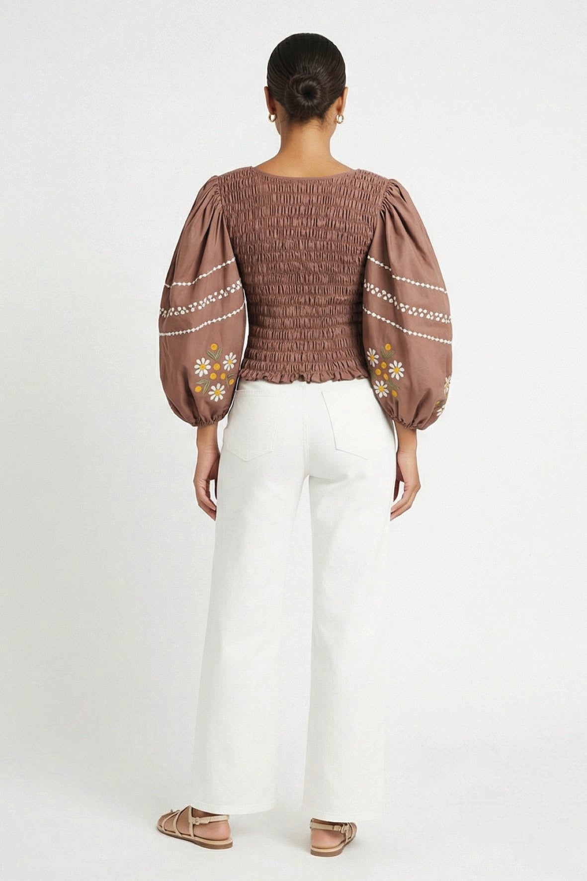 Back view of Fanm Mon Astrid Top in espresso with smocked bodice and embroidered sleeves