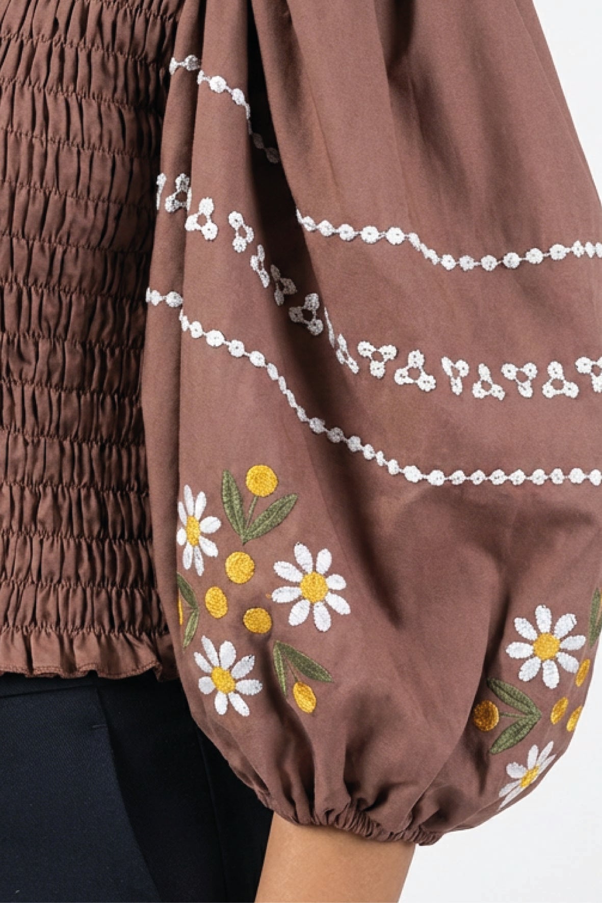 Fanm Mon Astrid Top in espresso with white daisy and floral embroidery on voluminous sleeve