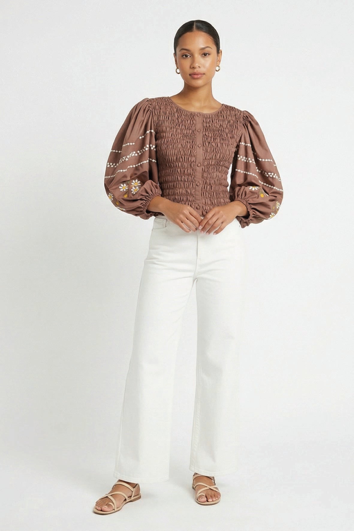 Fanm Mon Astrid floral embroidered smocked top in espresso with voluminous sleeves