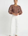 Fanm Mon Astrid floral embroidered smocked top in espresso with voluminous sleeves