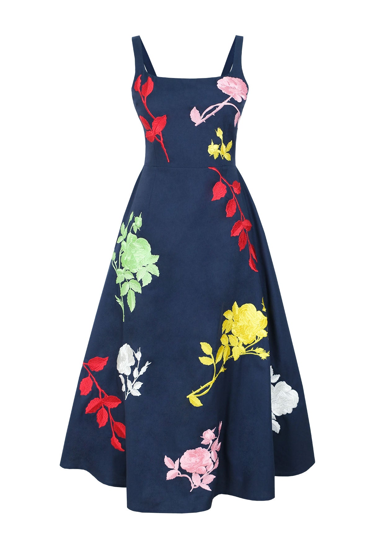 Fanm Mon Atike midi dress with square neckline, full A-line skirt and multicolored botanical embroidery.