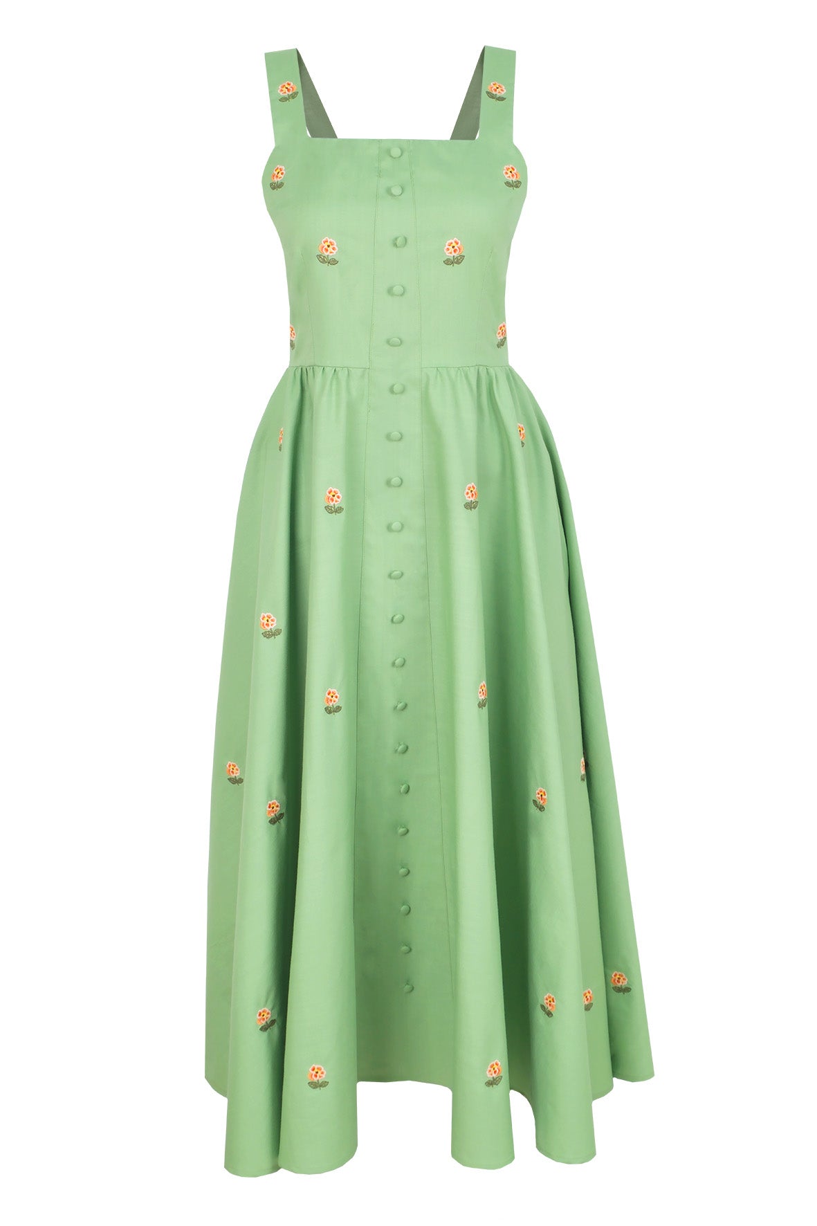 Fanm Mon Dagana midi dress featuring all-over floral embroidery, a square neckline and tonal covered button front.
