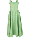 Fanm Mon Dagana midi dress featuring all-over floral embroidery, a square neckline and tonal covered button front.