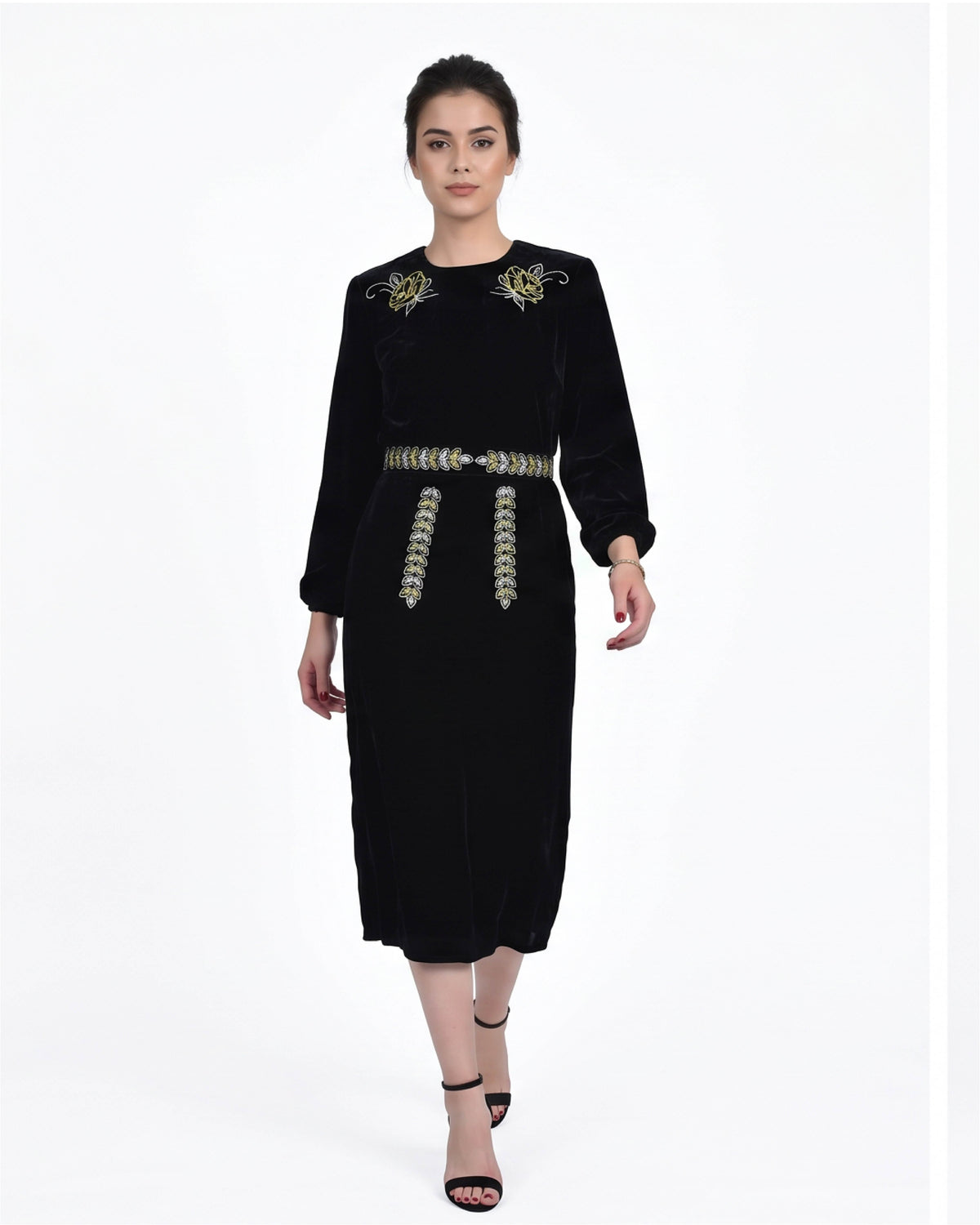 Fanm Mon Ezgi Dress on model in black velvet featuring rose embroidery, long sleeves, an embroidered waist and midi silhouette