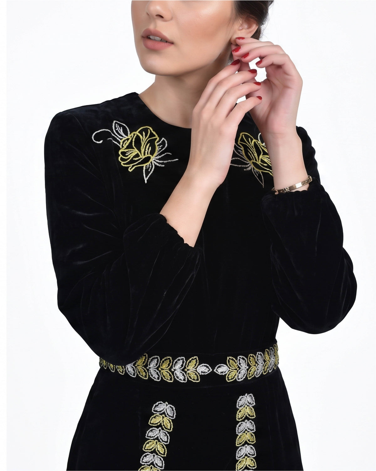 Fanm Mon Ezgi Dress detail featuring embroidered rose motifs at the bodice and intricate leaf embroidery defining the waist