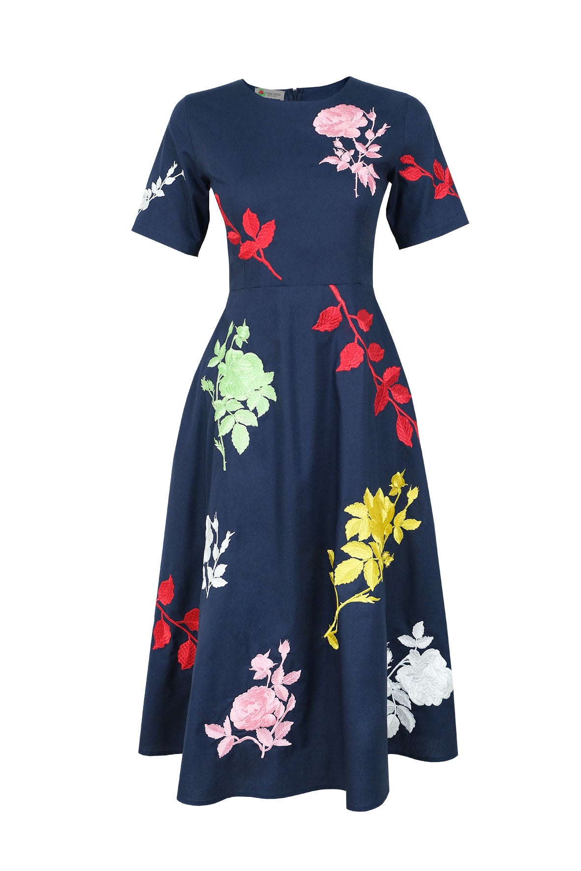 Fanm Mon Gandi Dress in navy featuring a round neckline, short sleeves, fitted bodice, and colorful floral embroidery across an A-line midi skirt