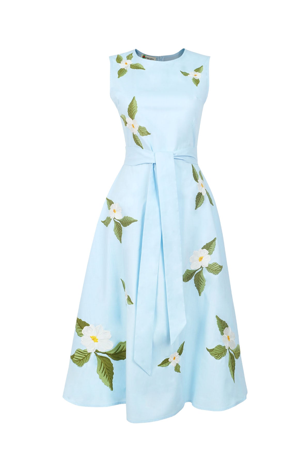 Fanm Mon Gemimi Dress in light lagoon featuring a fitted sleeveless bodice, coordinating tie belt, and scattered white floral embroidery across the flowing A-line midi skirt.