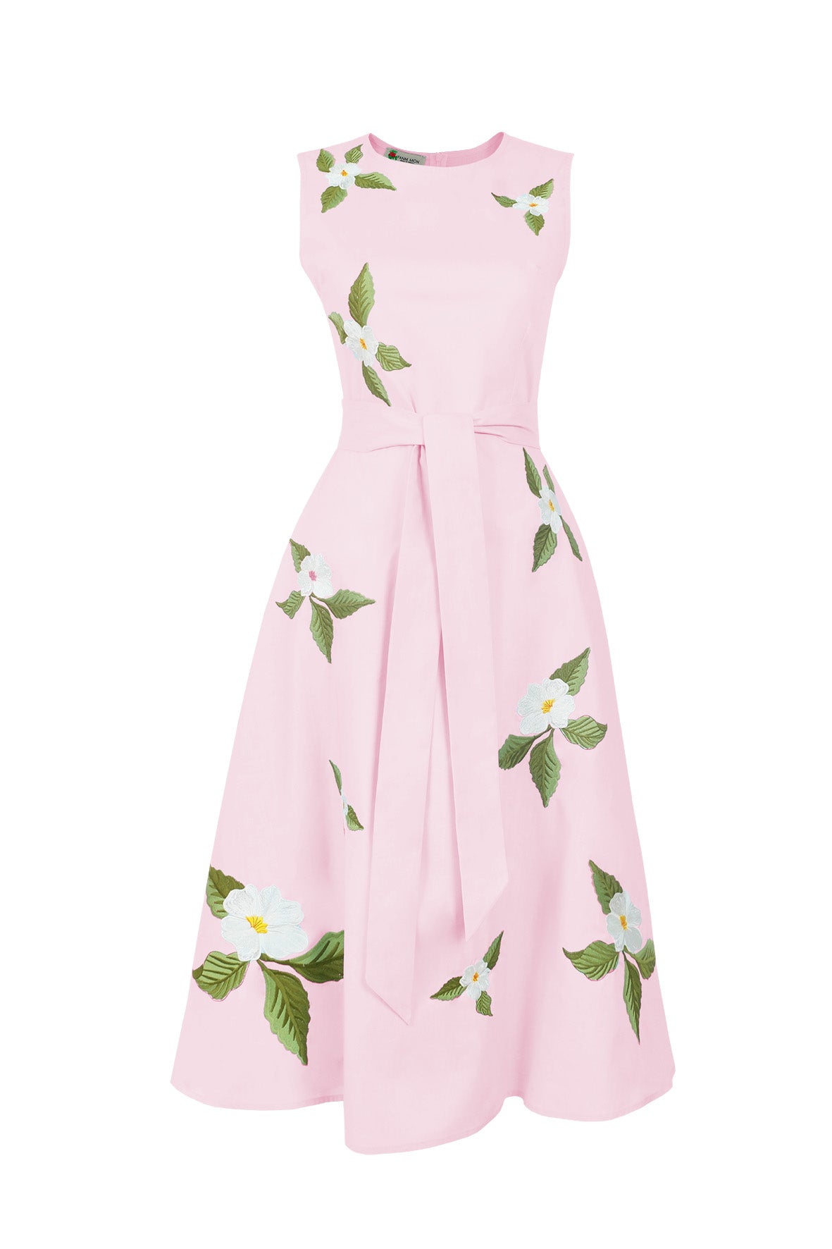 anm Mon Gemimi Dress in light pink featuring a sleeveless round neckline, self-tie waist belt, and white floral embroidery with yellow centers and green foliage across the A-line midi skirt.