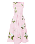 anm Mon Gemimi Dress in light pink featuring a sleeveless round neckline, self-tie waist belt, and white floral embroidery with yellow centers and green foliage across the A-line midi skirt.