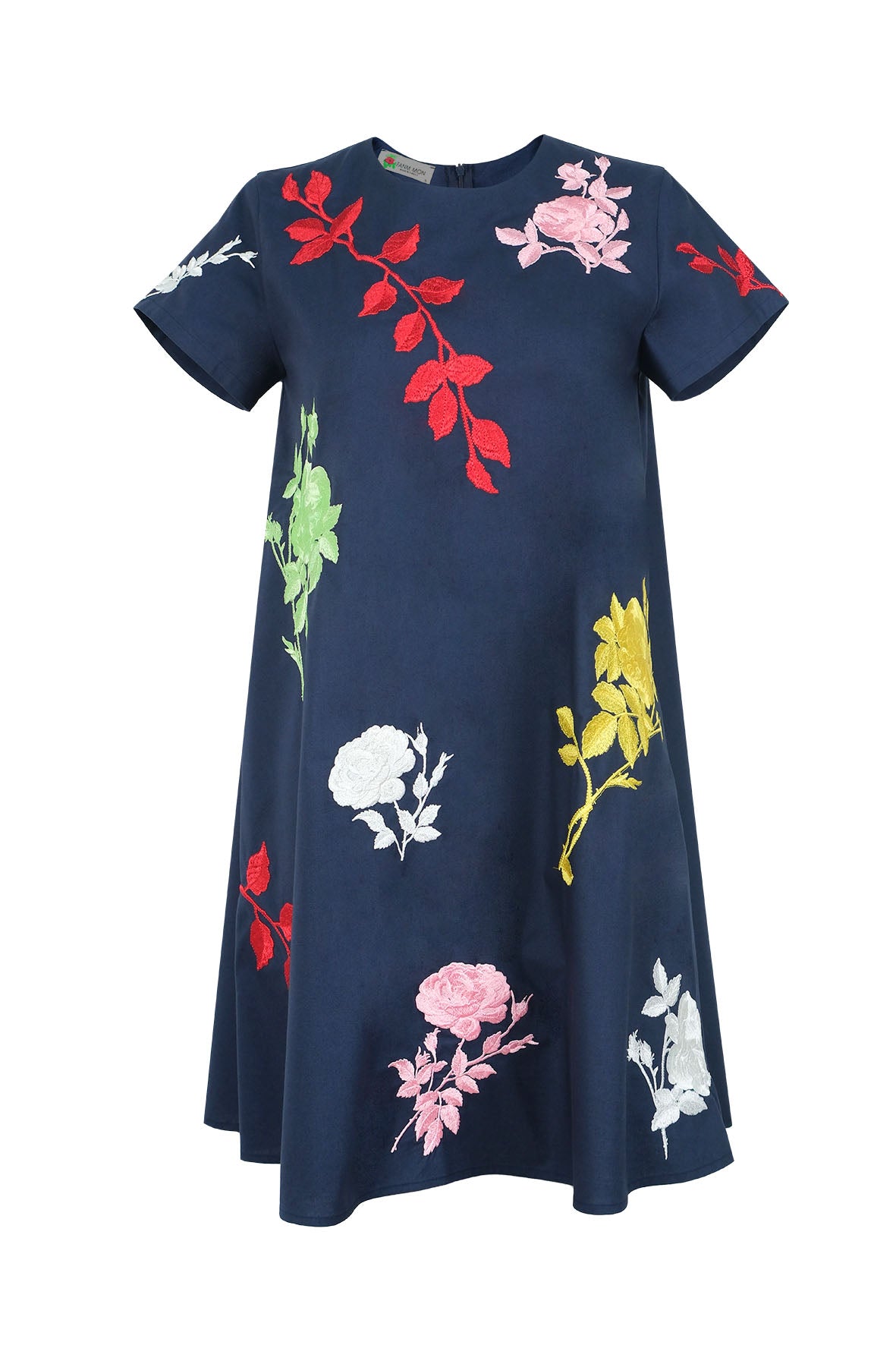 Fanm Mon Gence Dress in navy featuring a round neckline, short sleeves, and oversized floral embroidery in pink, red, yellow, green, and white