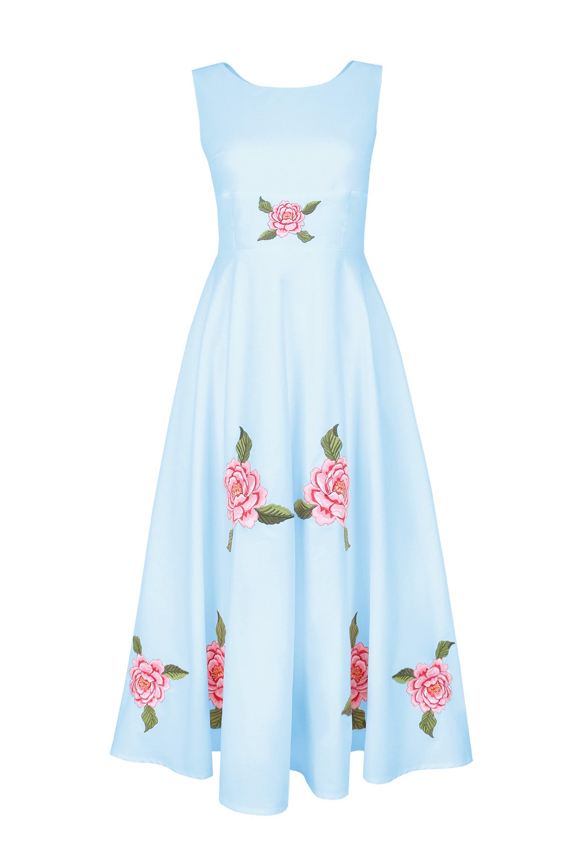 Fanm Mon Hazel Dress in light lagoon featuring a sleeveless round neckline, fitted bodice, and pink rose embroidery with green botanical foliage arranged across the waist and full A-line midi skirt.