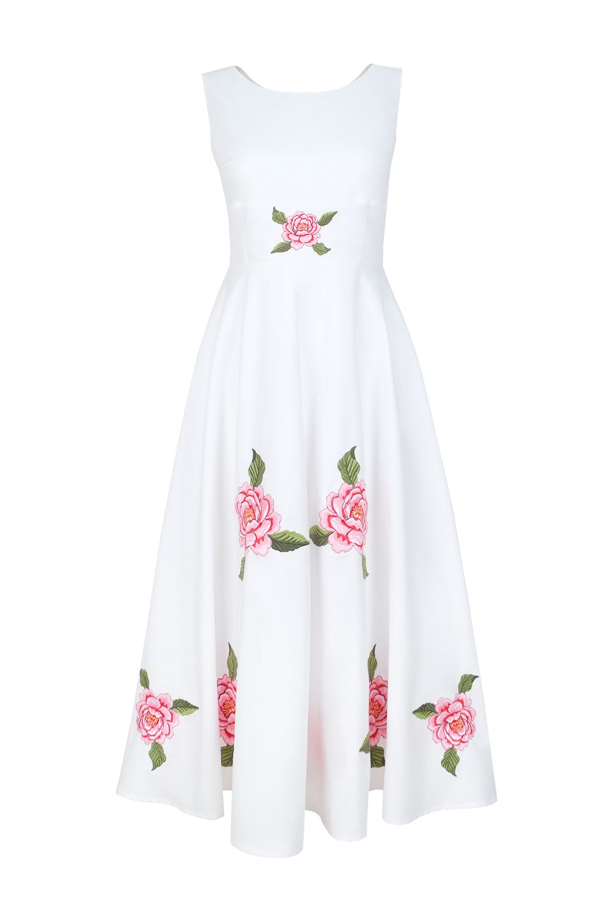 Fanm Mon Hazel Dress in white featuring a sleeveless round neckline, fitted bodice, and pink rose embroidery with green foliage across the waist and flowing A-line midi skirt.