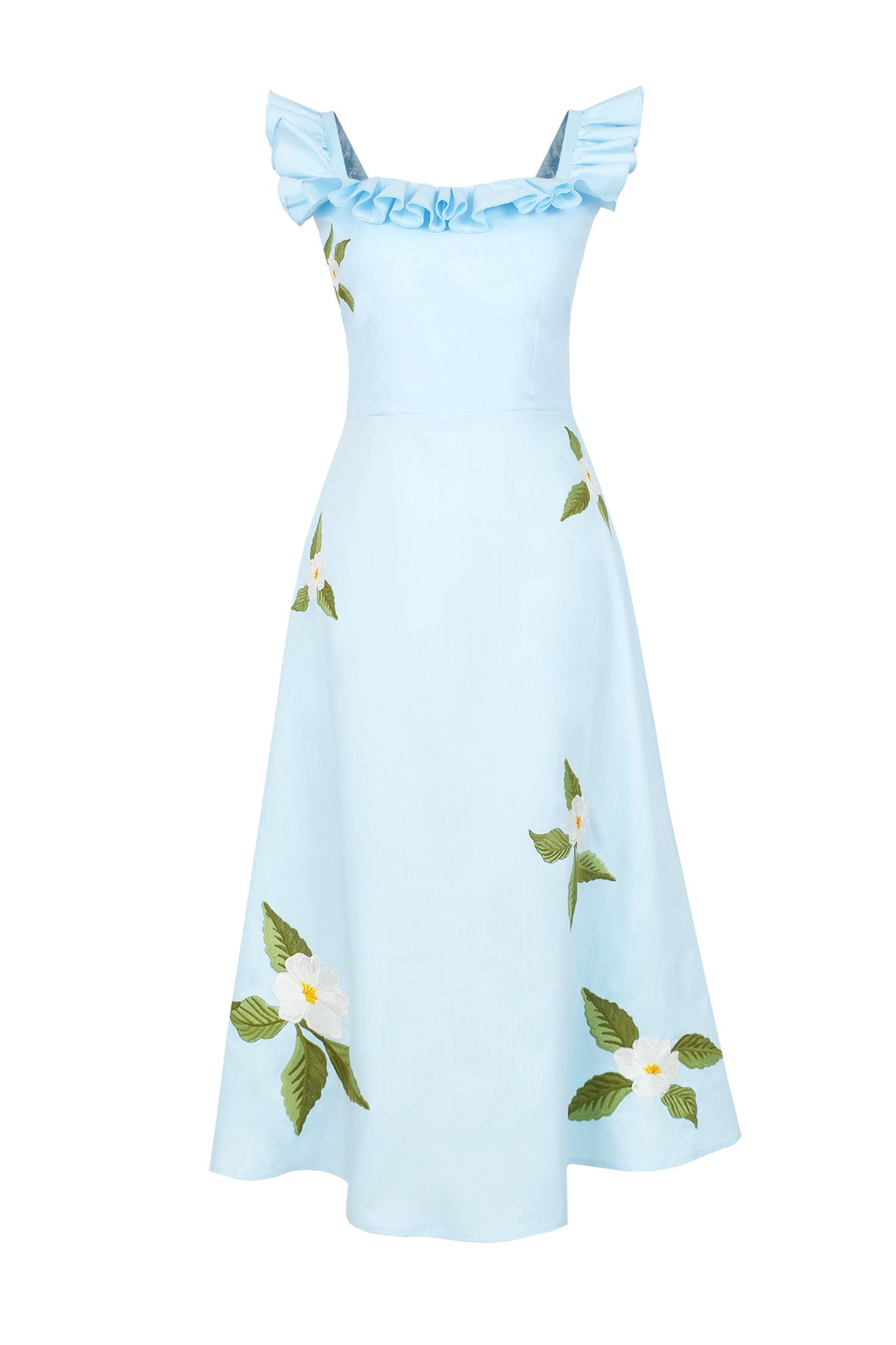 Fanm Mon July Dress in light blue featuring a ruffled neckline that can be worn on or off the shoulders, white floral embroidery, and an A-line midi silhouette