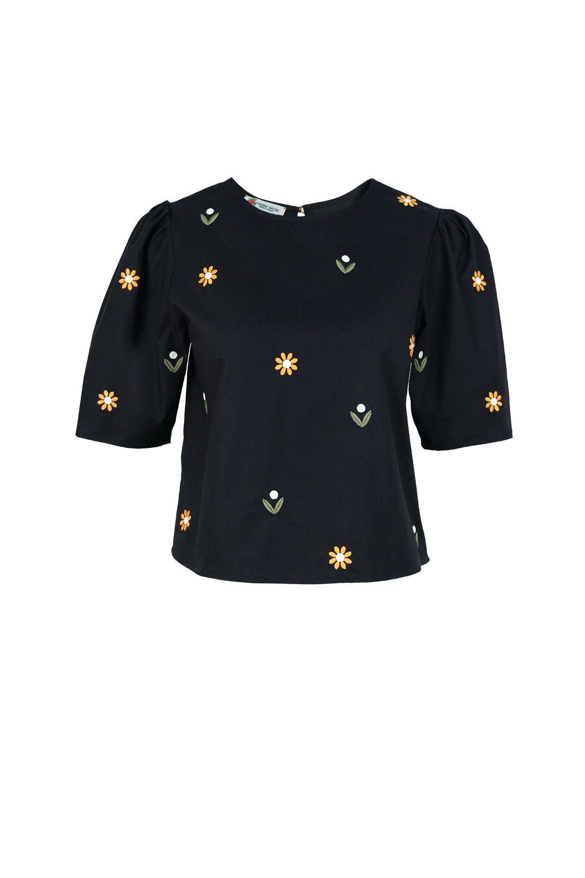 Fanm Mon Kehribar Top in black with scattered daisy floral embroidery and softly gathered short sleeves