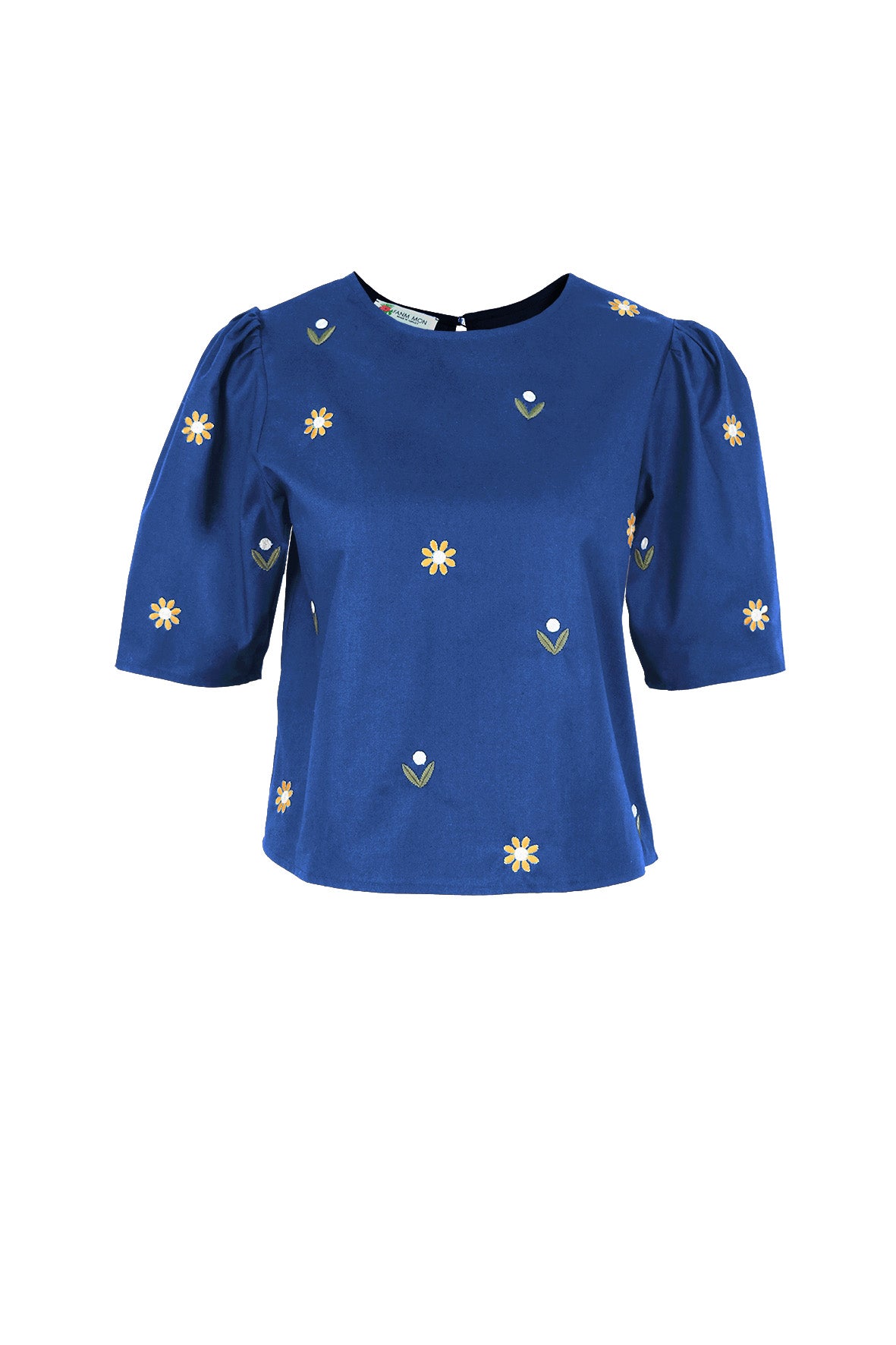 Fanm Mon Kehribar Top in deep blue with golden yellow and white floral embroidery and puff sleeves