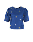 Fanm Mon Kehribar Top in deep blue with golden yellow and white floral embroidery and puff sleeves