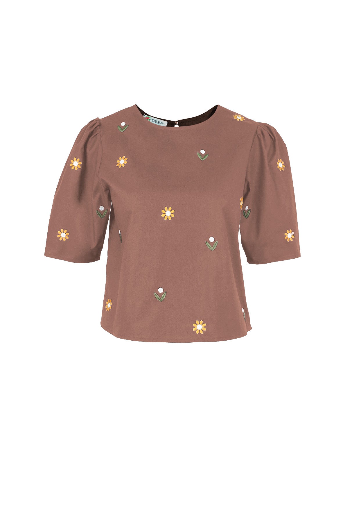 Fanm Mon Kehribar Top in espresso with golden yellow and white floral embroidery and puff sleeves