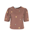 Fanm Mon Kehribar Top in espresso with golden yellow and white floral embroidery and puff sleeves