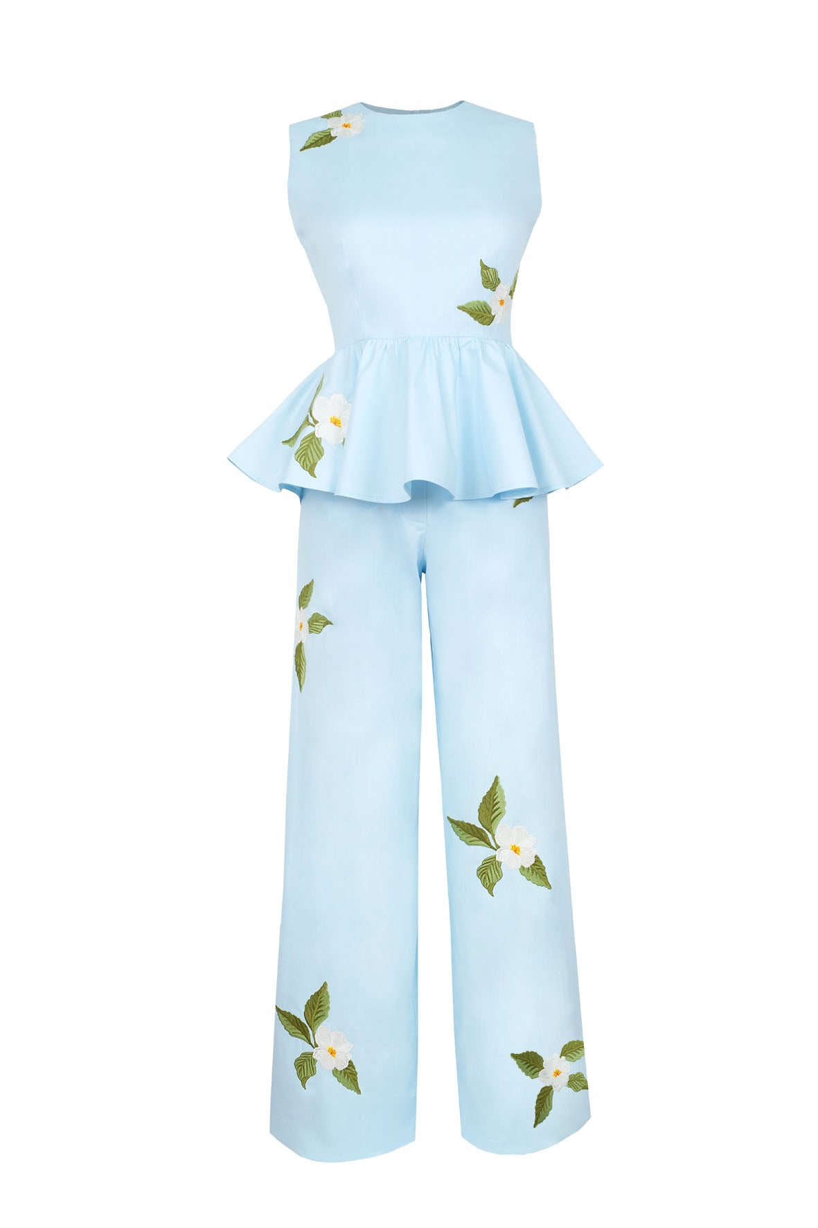 Fanm Mon Malez Set in Light Lagoon featuring a fitted sleeveless peplum top and coordinating wide-leg trousers with asymmetrically placed white floral embroidery and green botanical detailing
