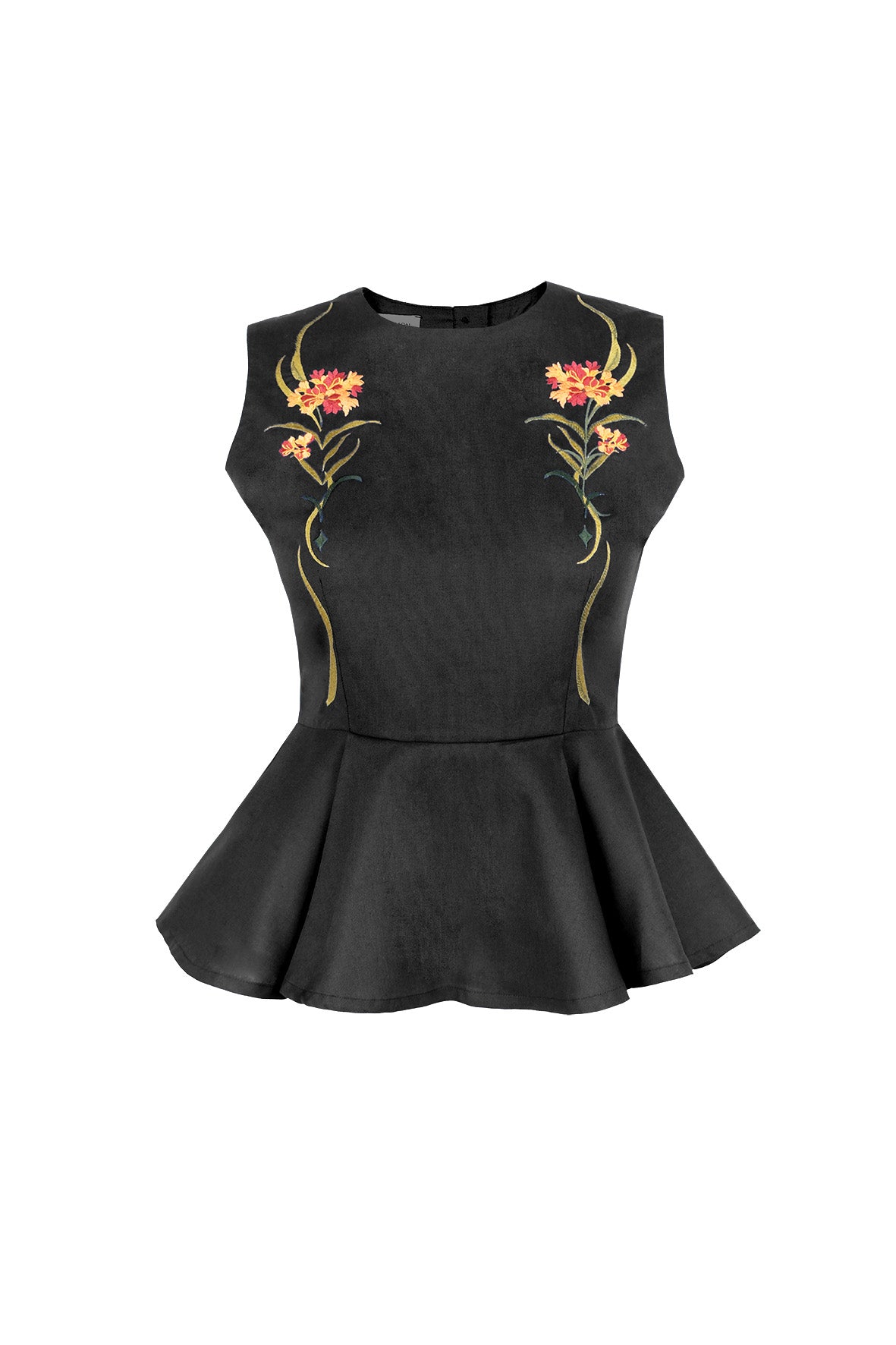 Fanm Mon Marena fire floral embroidered sleeveless peplum top in black