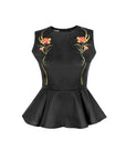 Fanm Mon Marena fire floral embroidered sleeveless peplum top in black