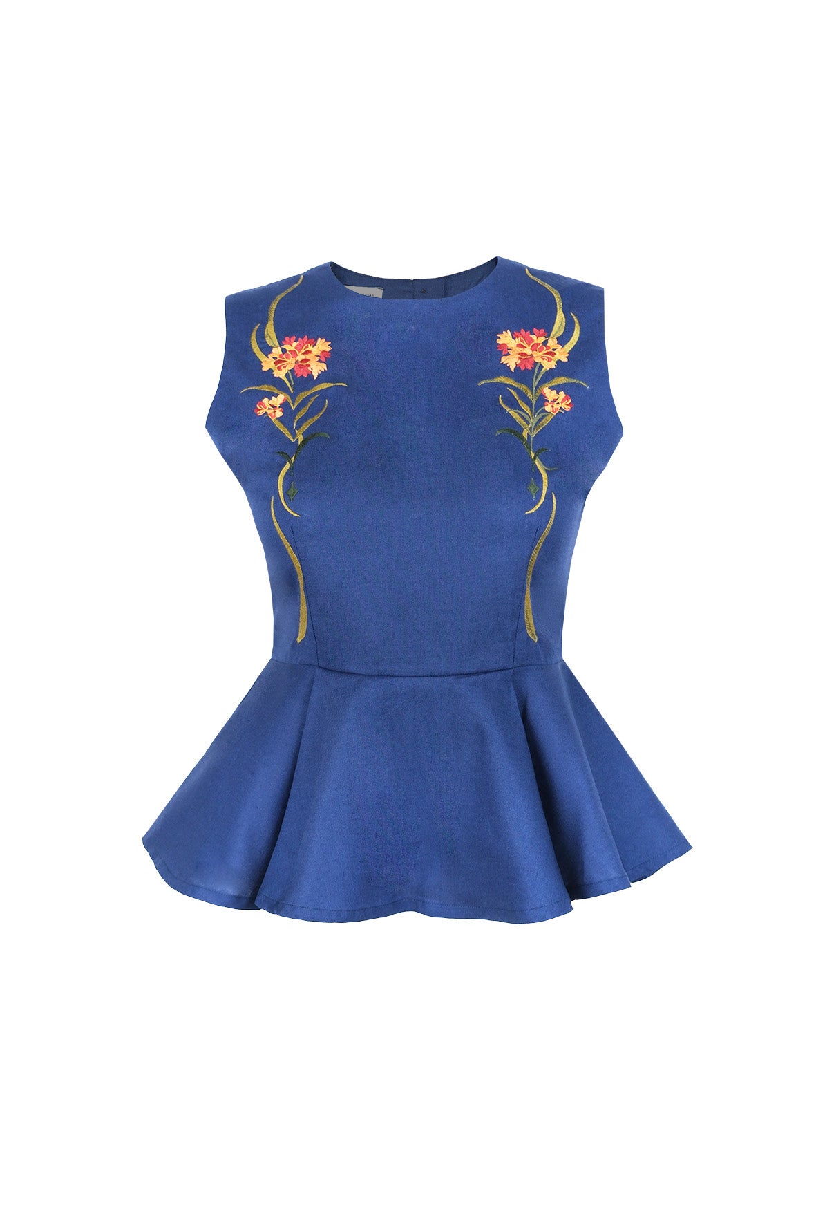 Fanm Mon Marena floral embroidered sleeveless peplum top in deep blue