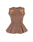 Fanm Mon Marena peplum floral embroidered sleeveless peplum top in espresso
