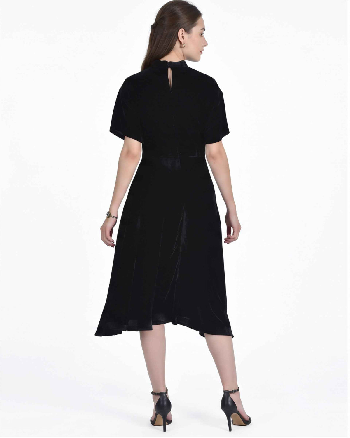 Fanm Mon Mehtap Dress back view in black velvet featuring short sleeves, a flared midi silhouette and back closure