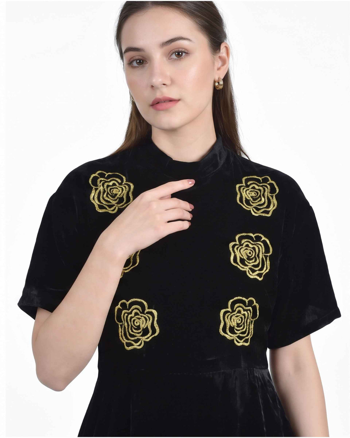 Fanm Mon Mehtap Dress detail in black velvet featuring white and gold embroidered rose motifs across the bodice